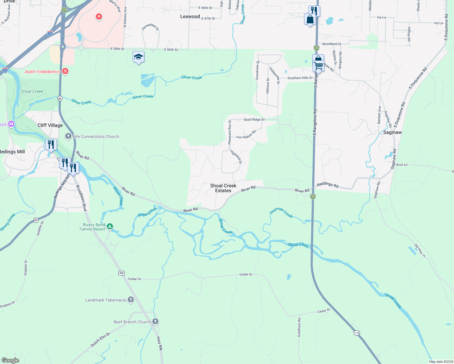 map of restaurants, bars, coffee shops, grocery stores, and more near 206 Eagle Ridge Road in Joplin