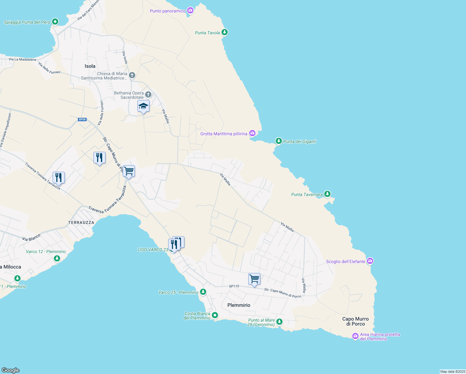 map of restaurants, bars, coffee shops, grocery stores, and more near 125 Via Mallia in Libero consorzio comunale di Siracusa