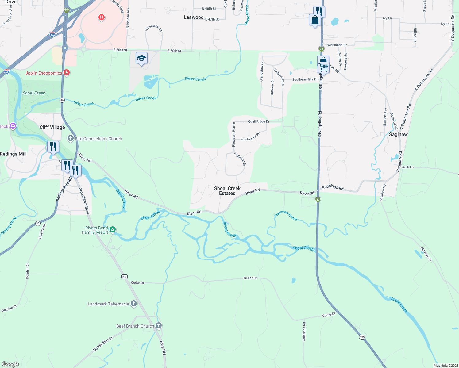 map of restaurants, bars, coffee shops, grocery stores, and more near 132-196 Eagle Ridge Road in Joplin