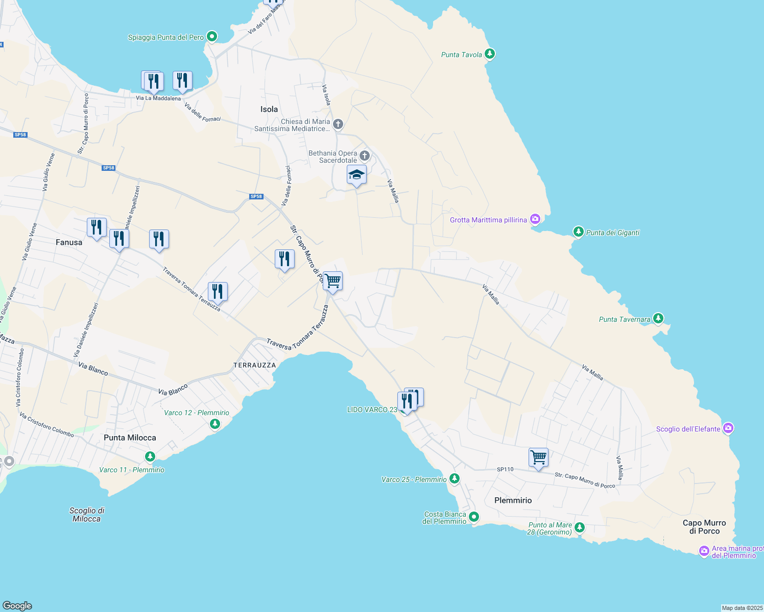 map of restaurants, bars, coffee shops, grocery stores, and more near 6 Via della Galena in Libero consorzio comunale di Siracusa