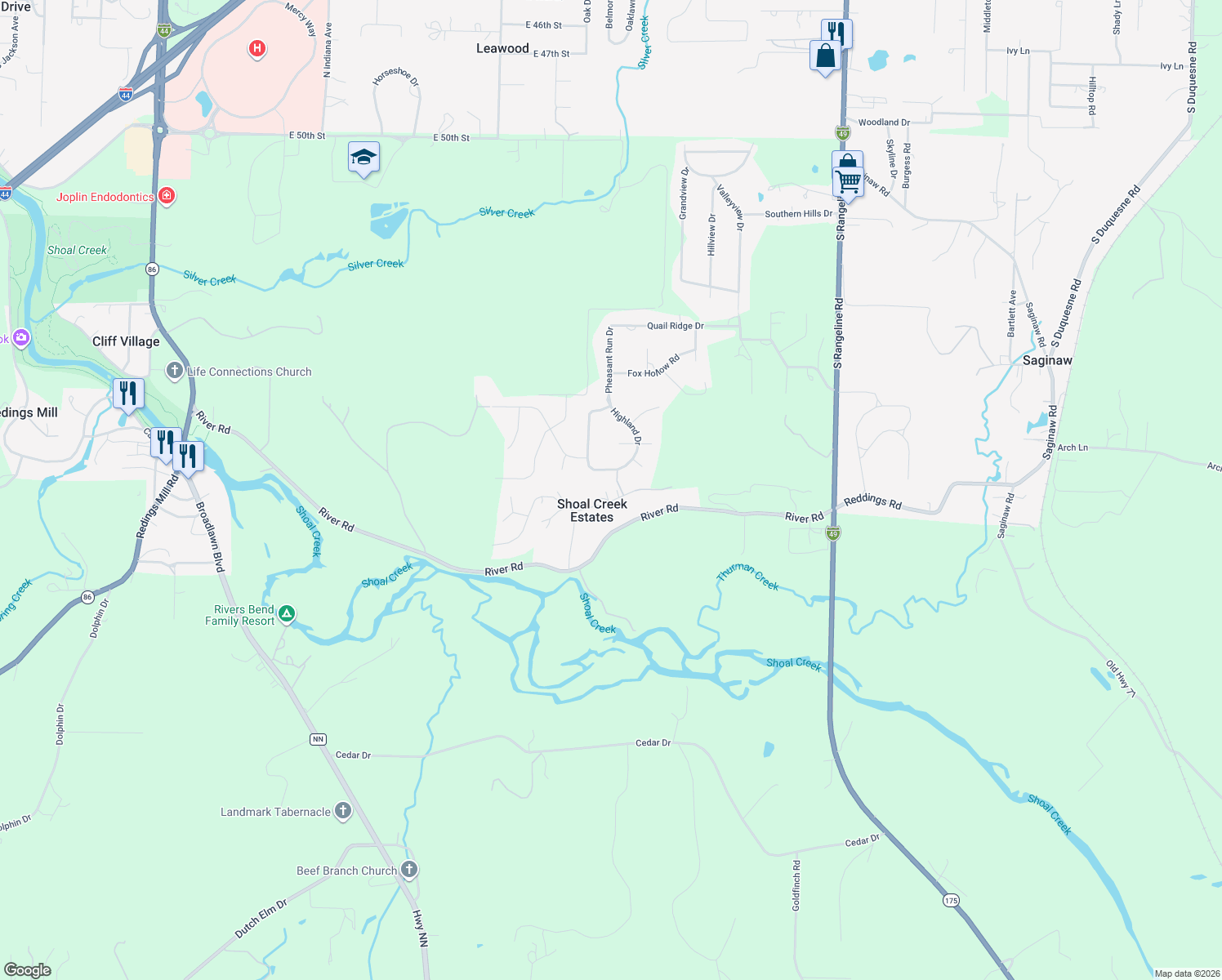 map of restaurants, bars, coffee shops, grocery stores, and more near 206 Eagle Ridge Road in Joplin