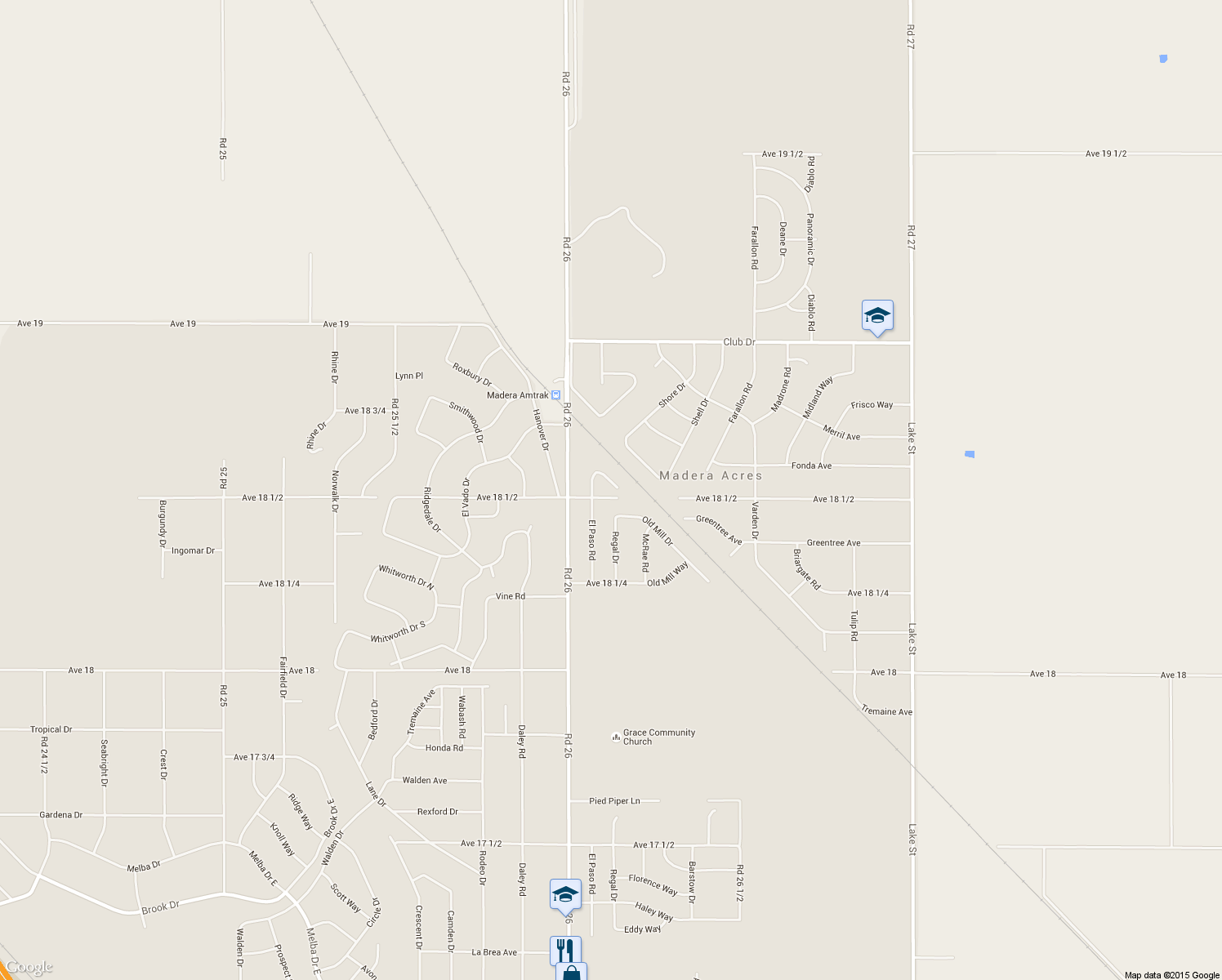 map of restaurants, bars, coffee shops, grocery stores, and more near 26132 El Paso Place in Madera
