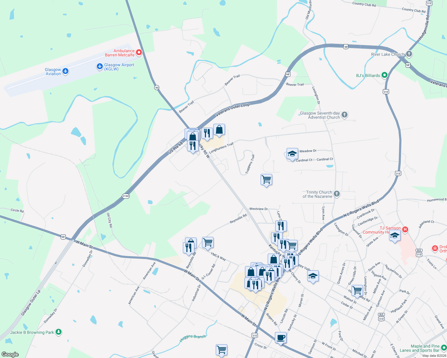 map of restaurants, bars, coffee shops, grocery stores, and more near 1666 Happy Valley Rd in Glasgow