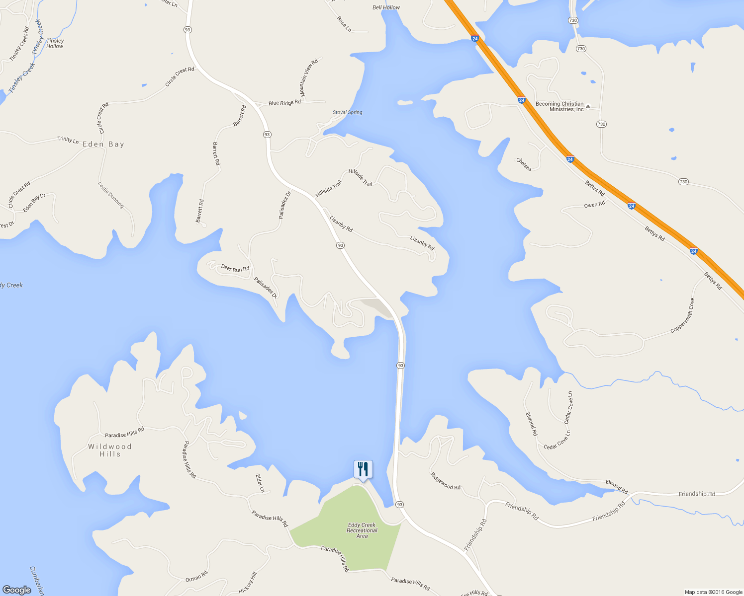 map of restaurants, bars, coffee shops, grocery stores, and more near 586 Palisades Drive in Eddyville