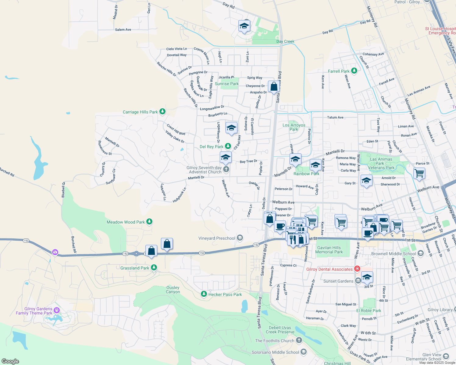 map of restaurants, bars, coffee shops, grocery stores, and more near 8675 Del Rey Court in Gilroy