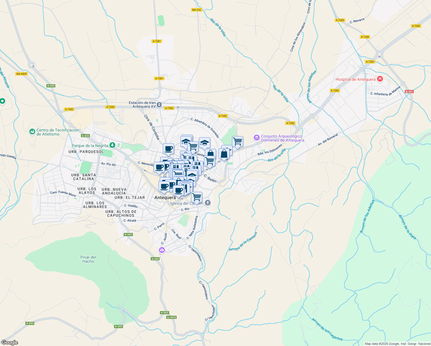 map of restaurants, bars, coffee shops, grocery stores, and more near 1 Plaza San Roque in Antequera