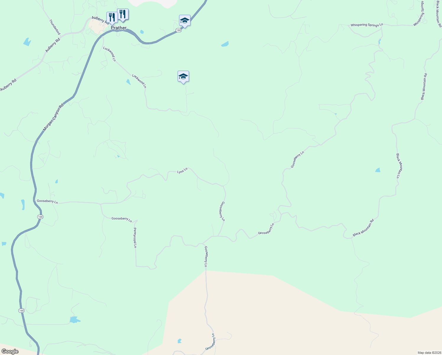map of restaurants, bars, coffee shops, grocery stores, and more near 31495 Lynx Lane in Prather