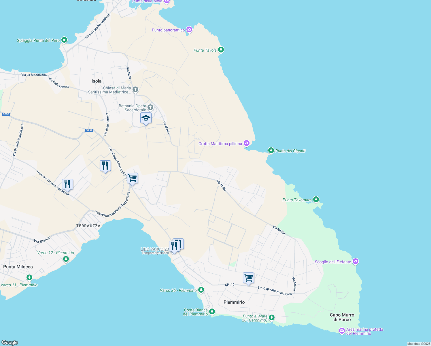 map of restaurants, bars, coffee shops, grocery stores, and more near 13 Via Capo Palinuro in Libero consorzio comunale di Siracusa
