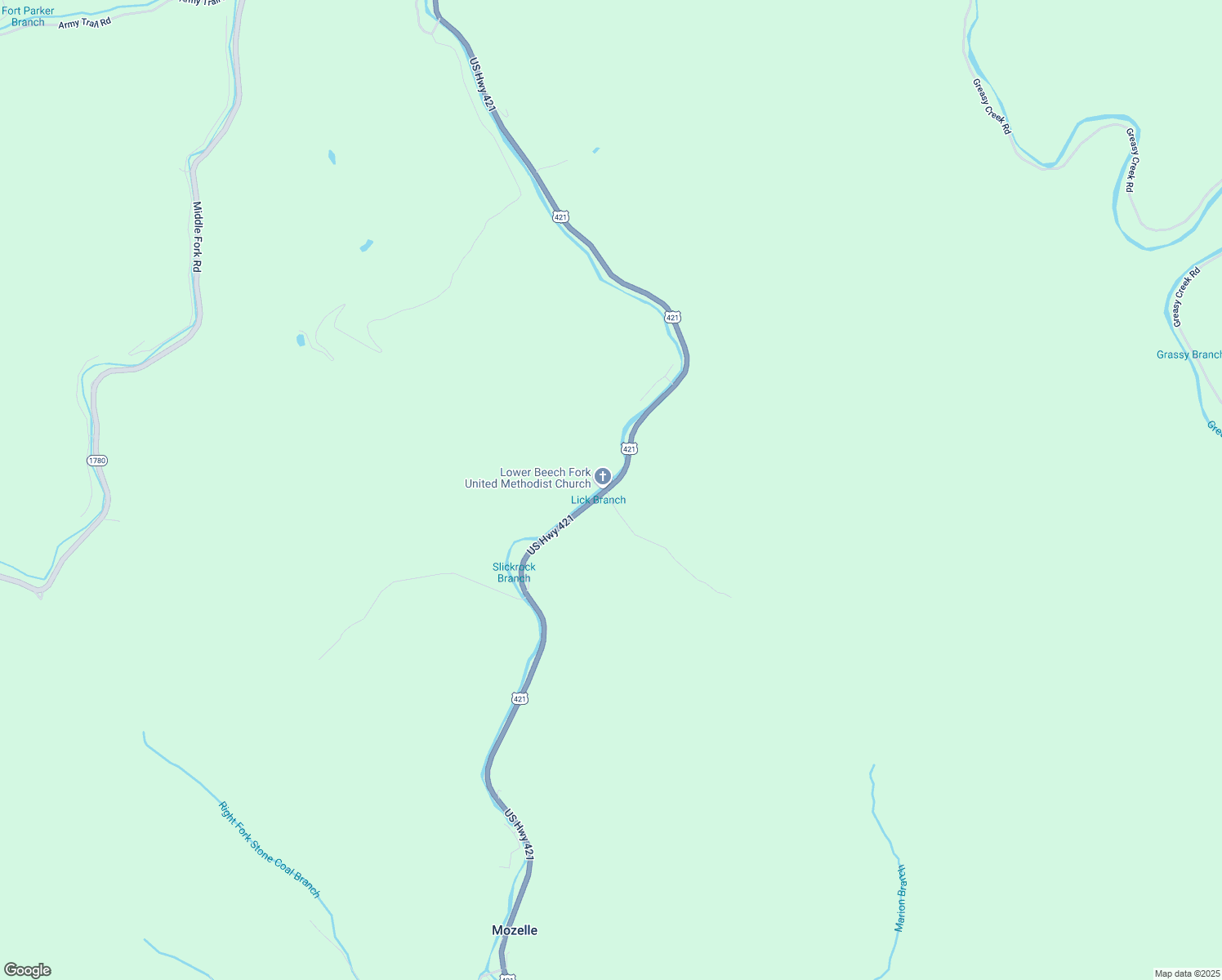 map of restaurants, bars, coffee shops, grocery stores, and more near U.S. 421 in Mozelle