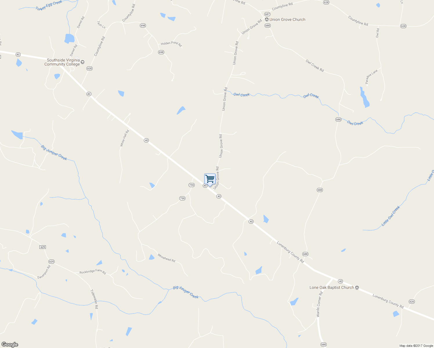 map of restaurants, bars, coffee shops, grocery stores, and more near 755 Union Grove Road in Keysville