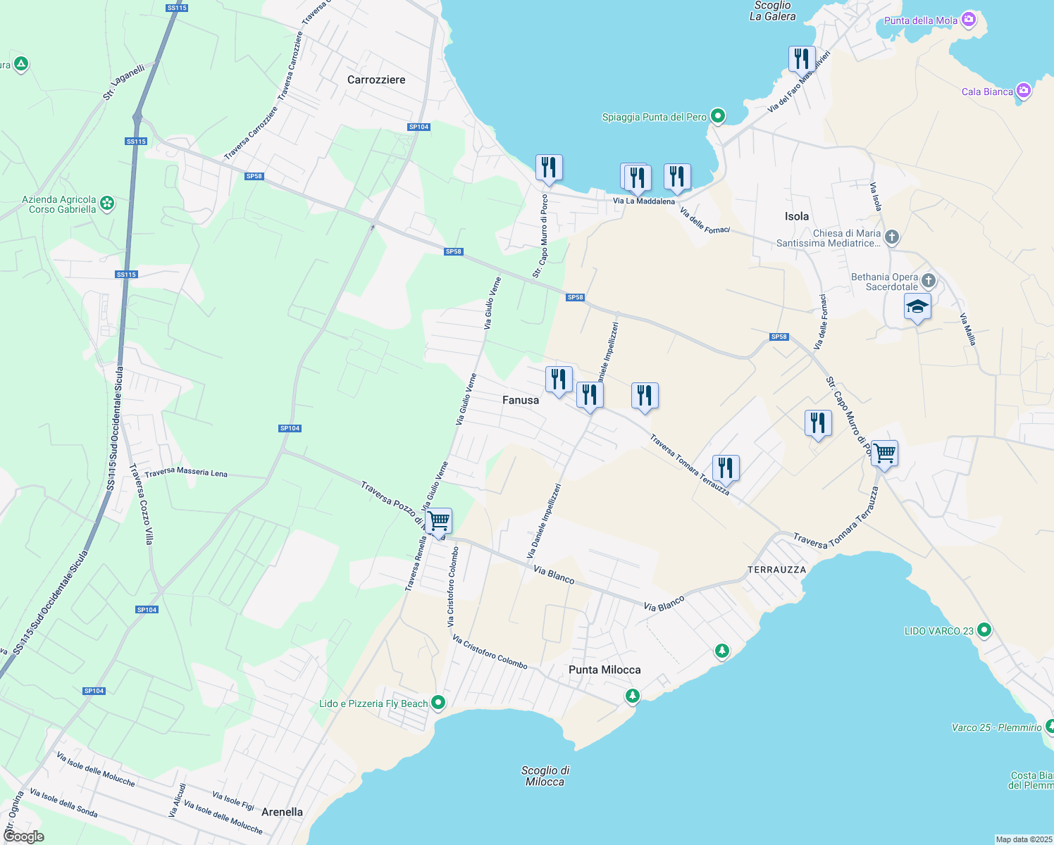 map of restaurants, bars, coffee shops, grocery stores, and more near 15 Via Orazio Nelson in Fanusa