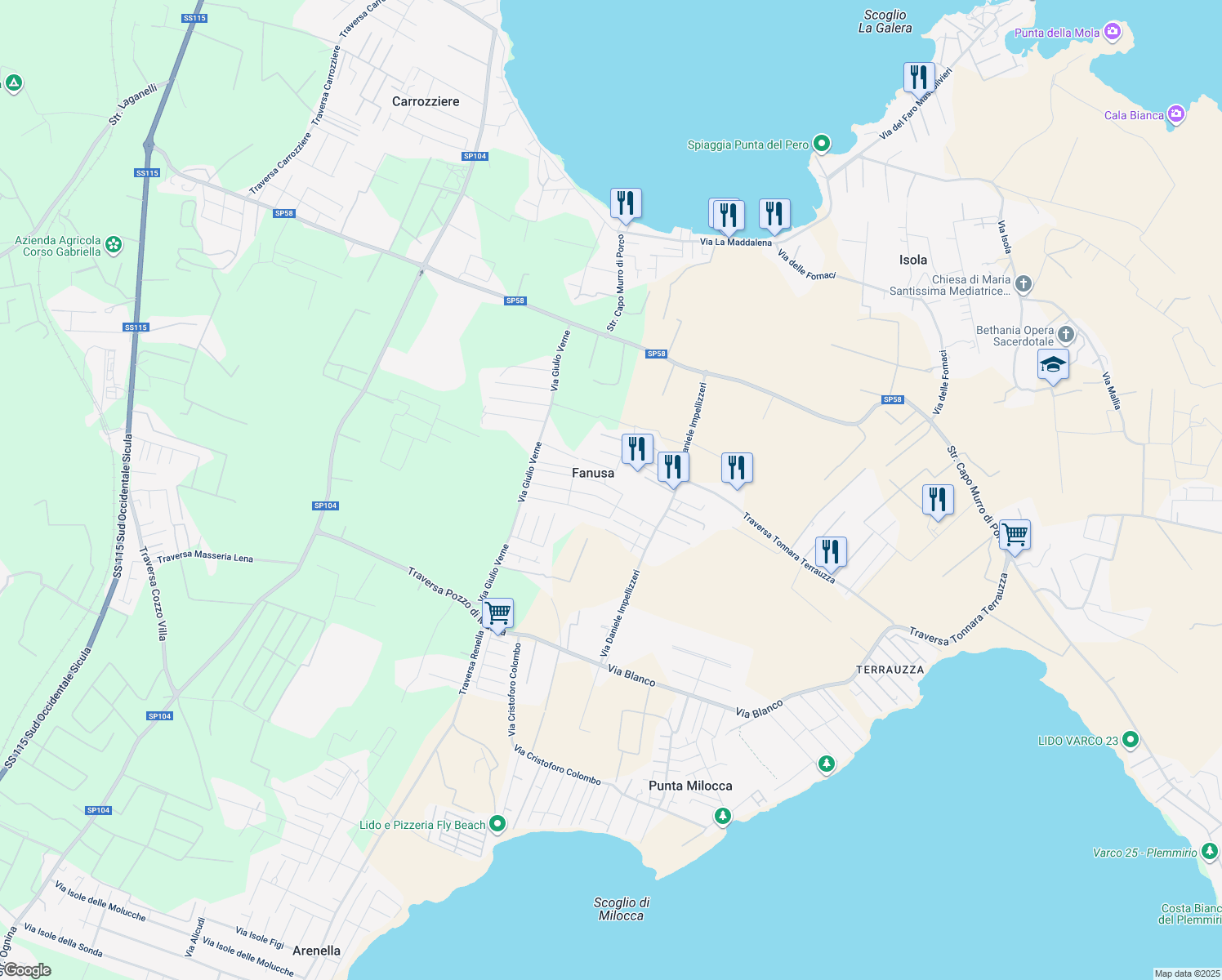 map of restaurants, bars, coffee shops, grocery stores, and more near 15 Via Orazio Nelson in Fanusa