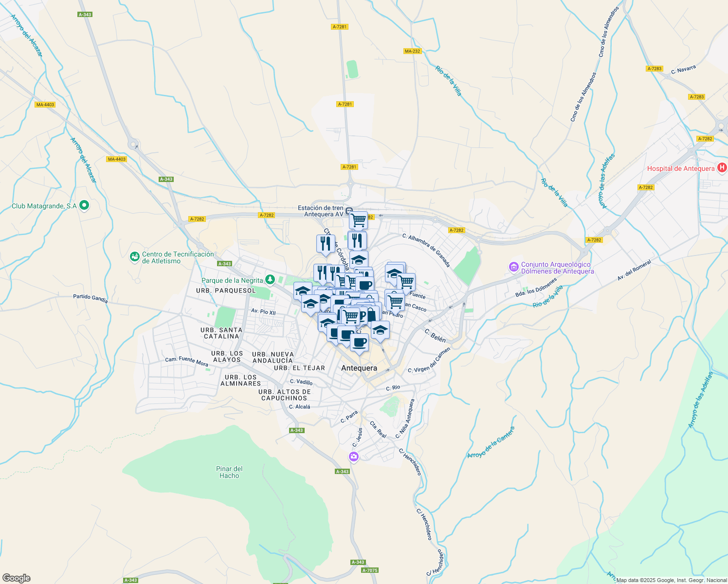 map of restaurants, bars, coffee shops, grocery stores, and more near 22 Calle Cruz Blanca in Antequera