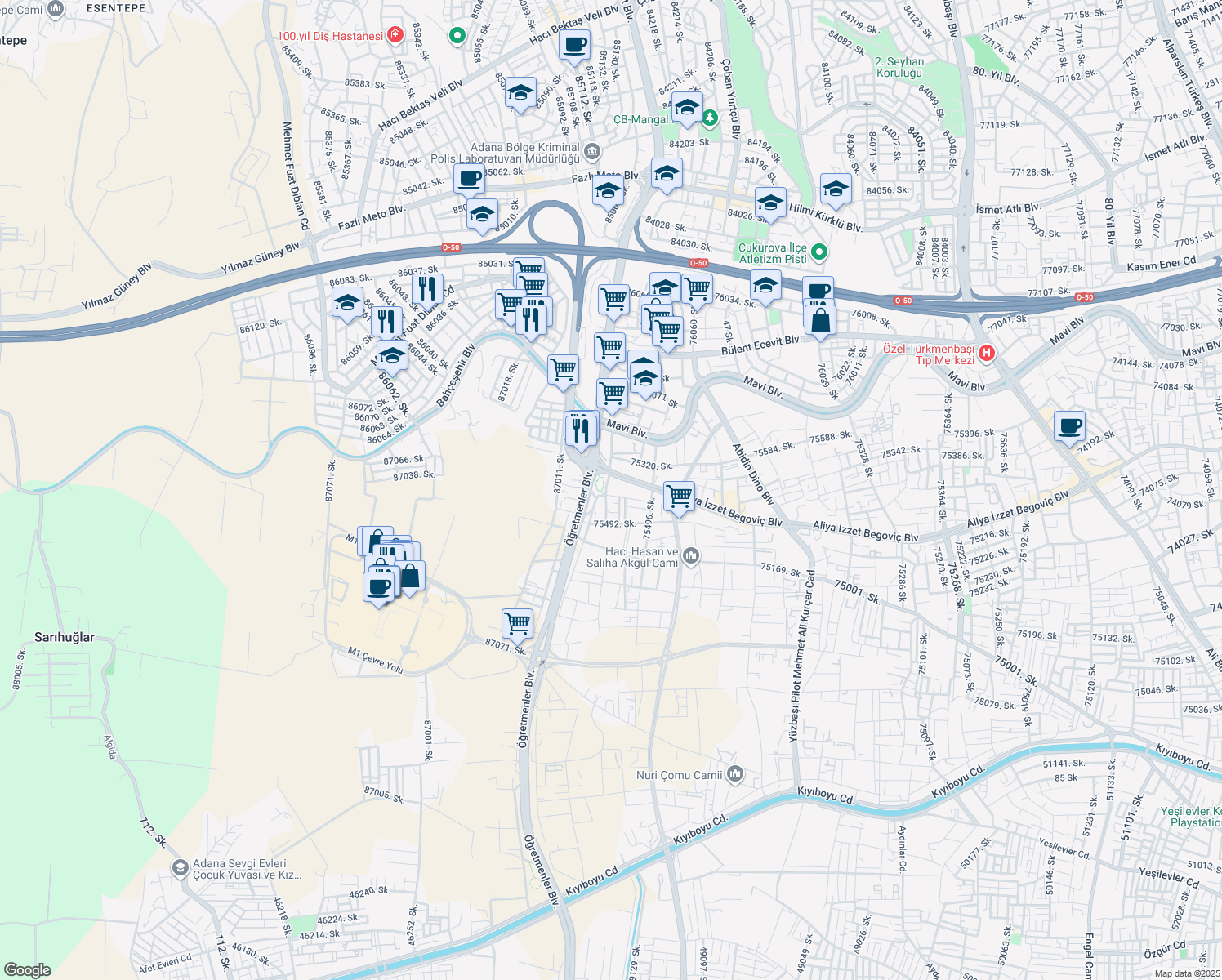 map of restaurants, bars, coffee shops, grocery stores, and more near 8 Sokak in Seyhan