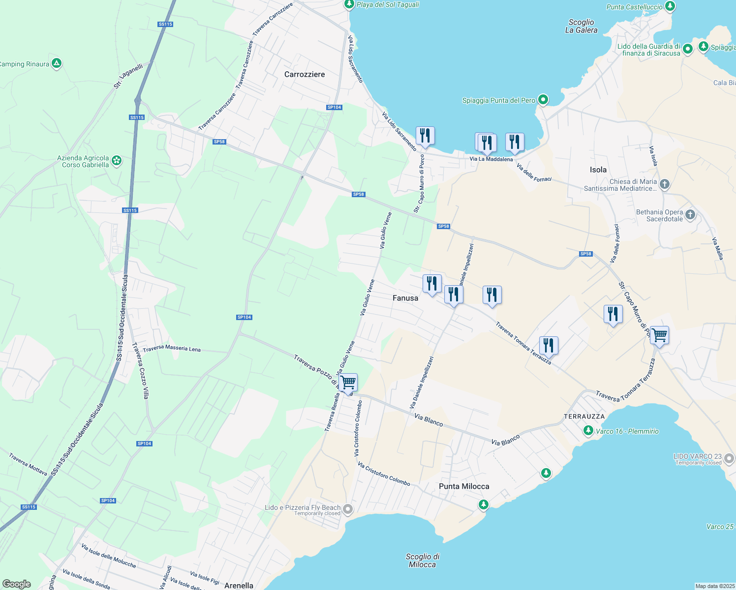 map of restaurants, bars, coffee shops, grocery stores, and more near 66 Via Olindo Marinelli in Fanusa