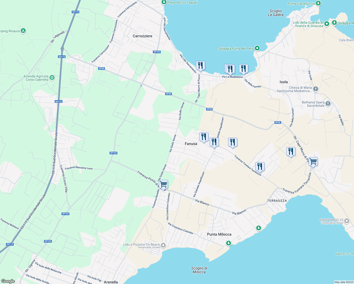 map of restaurants, bars, coffee shops, grocery stores, and more near 66 Via Olindo Marinelli in Fanusa