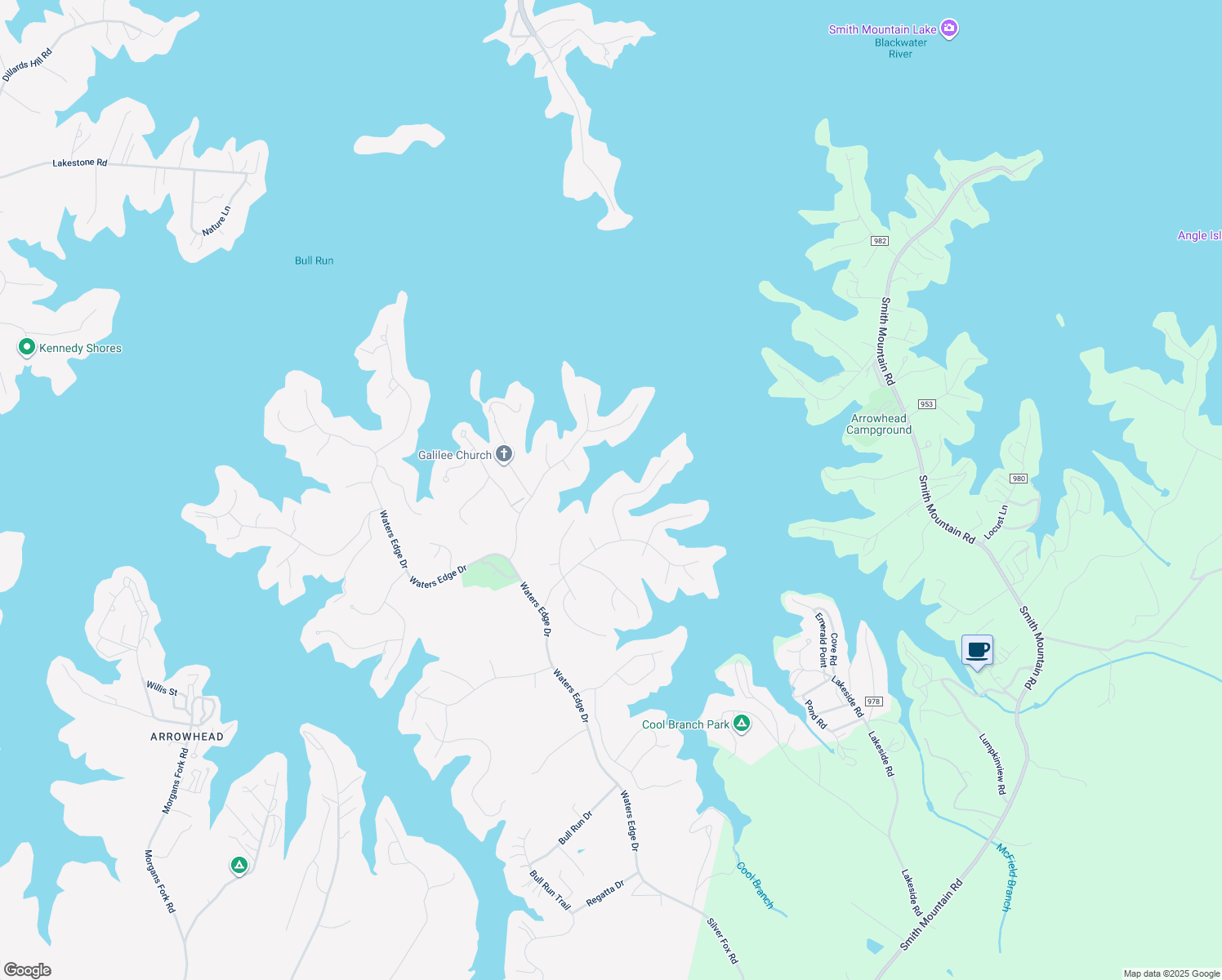 map of restaurants, bars, coffee shops, grocery stores, and more near 125 Upland Shores Drive in Penhook