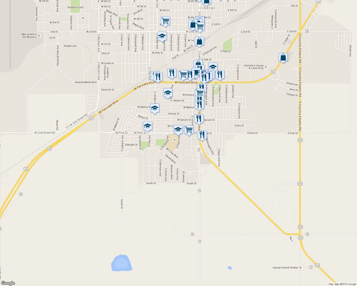 map of restaurants, bars, coffee shops, grocery stores, and more near 1026 South Grant Avenue in Liberal