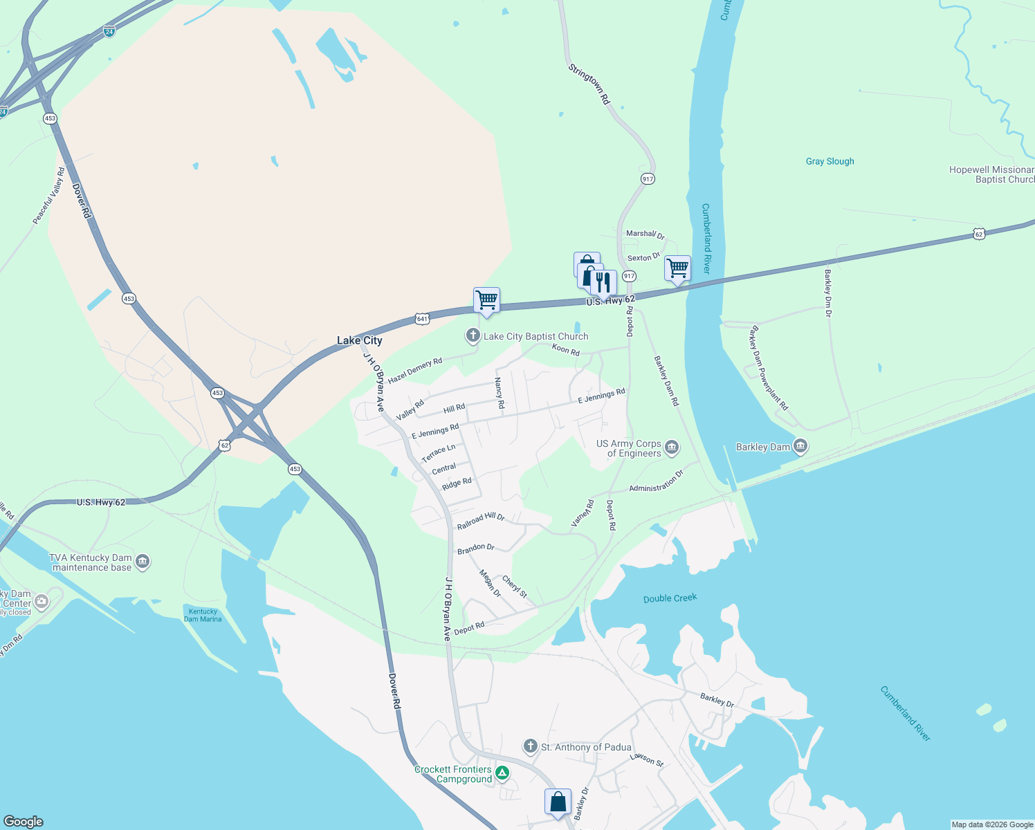 map of restaurants, bars, coffee shops, grocery stores, and more near East Jennings Road in Grand Rivers