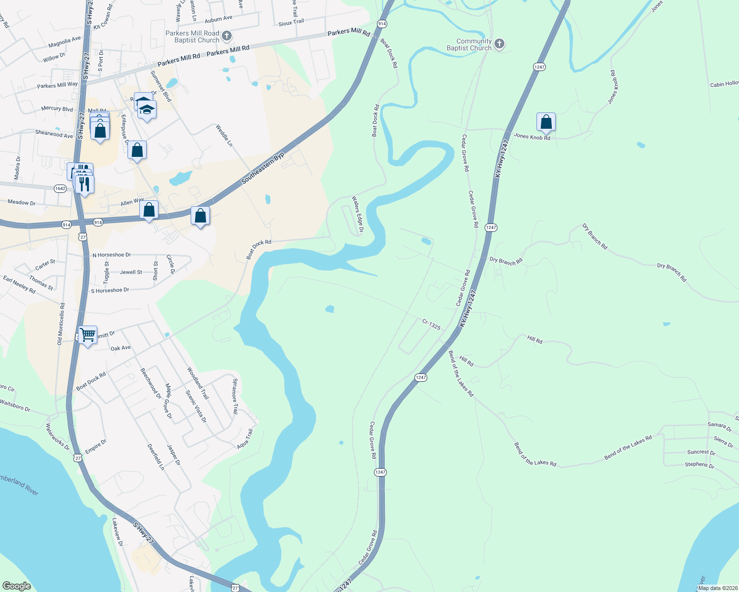 map of restaurants, bars, coffee shops, grocery stores, and more near Cr-1325 in Pulaski County