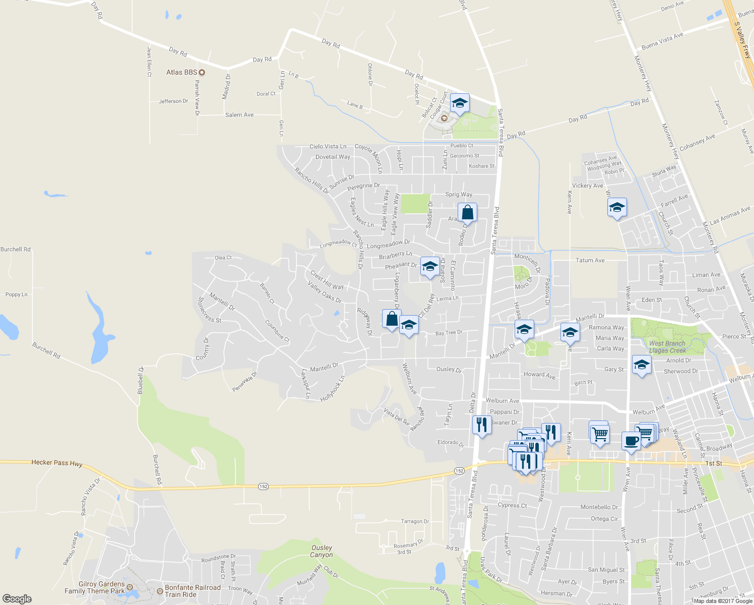 map of restaurants, bars, coffee shops, grocery stores, and more near 1482 Goshawk Court in Gilroy