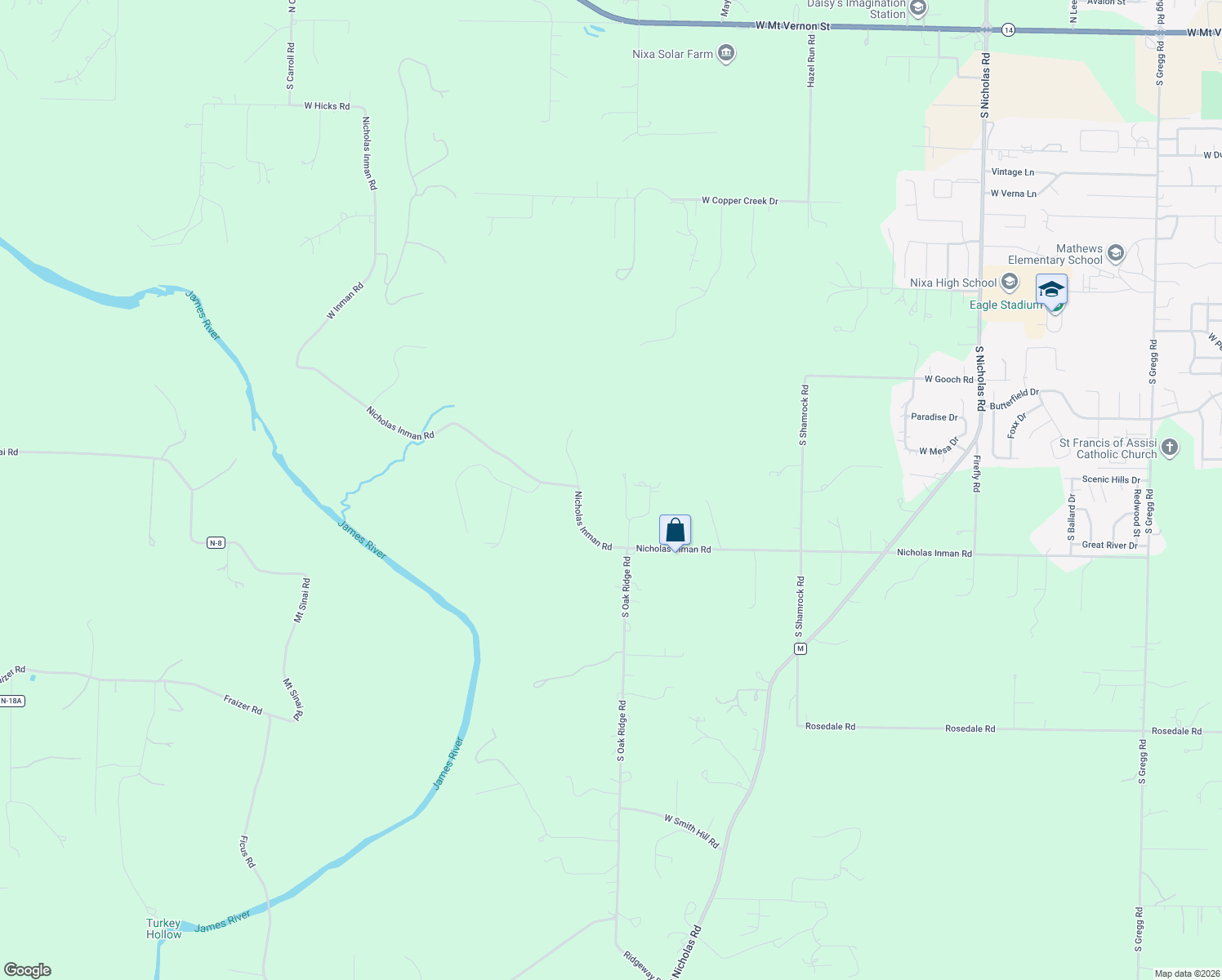 map of restaurants, bars, coffee shops, grocery stores, and more near 993 Oak Ridge Road in Nixa