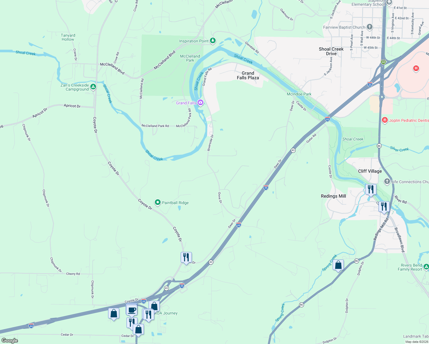 map of restaurants, bars, coffee shops, grocery stores, and more near 3025 Dove Drive in Joplin