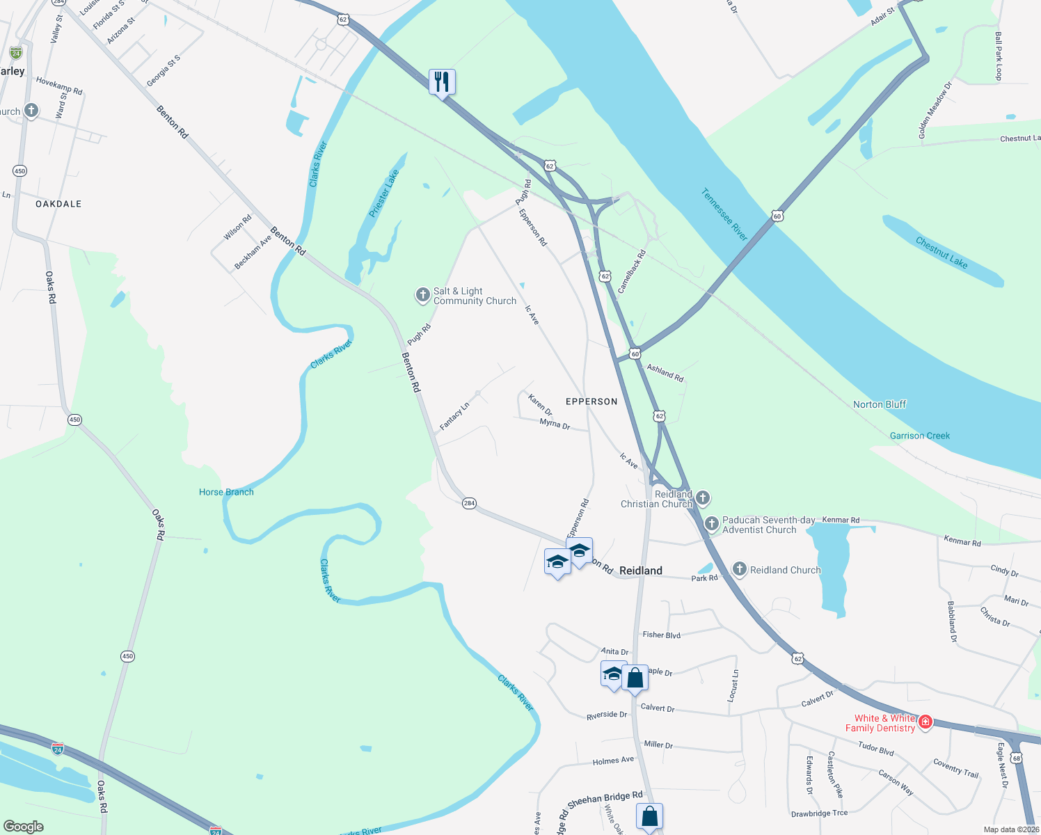 map of restaurants, bars, coffee shops, grocery stores, and more near 249 Myrna Drive in Paducah