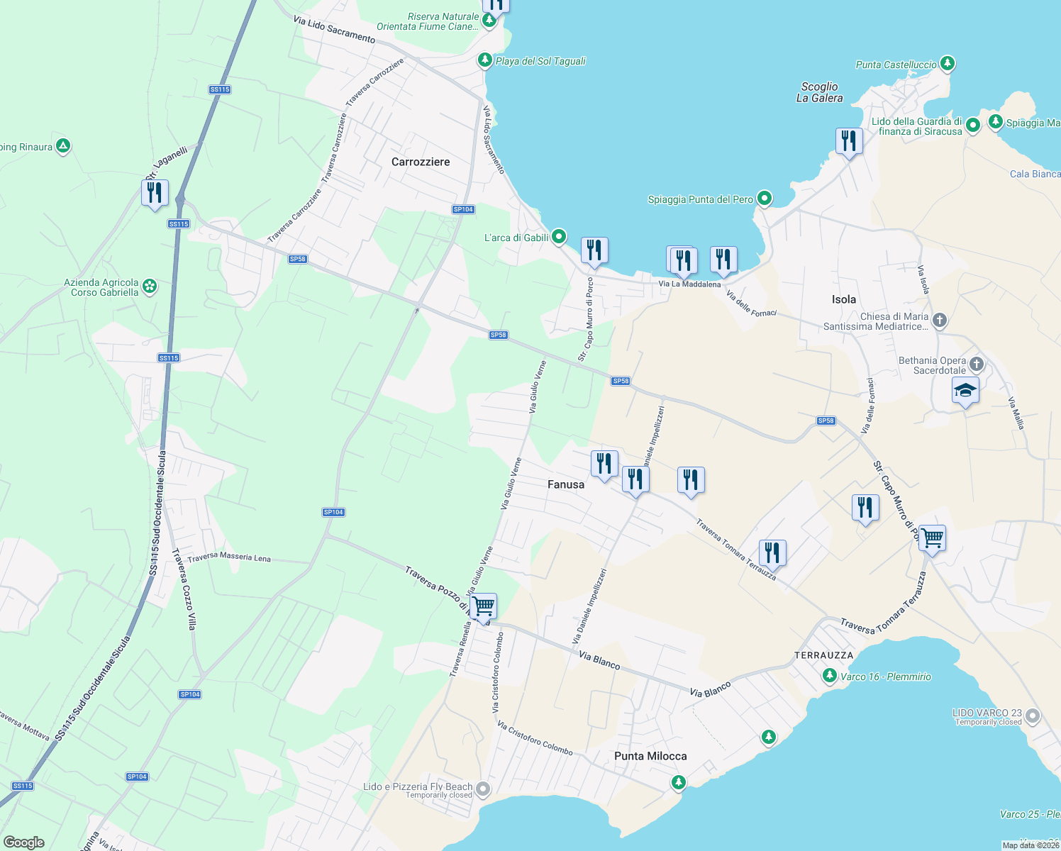 map of restaurants, bars, coffee shops, grocery stores, and more near 6 Via Filosseno in Fanusa