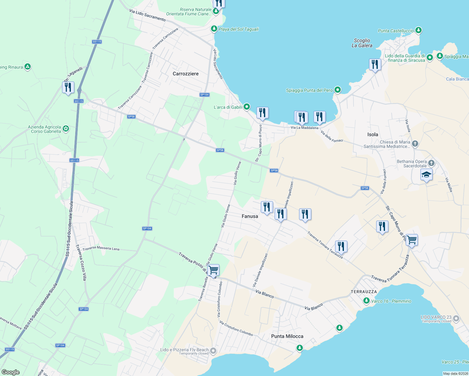 map of restaurants, bars, coffee shops, grocery stores, and more near 6 Via Filosseno in Fanusa