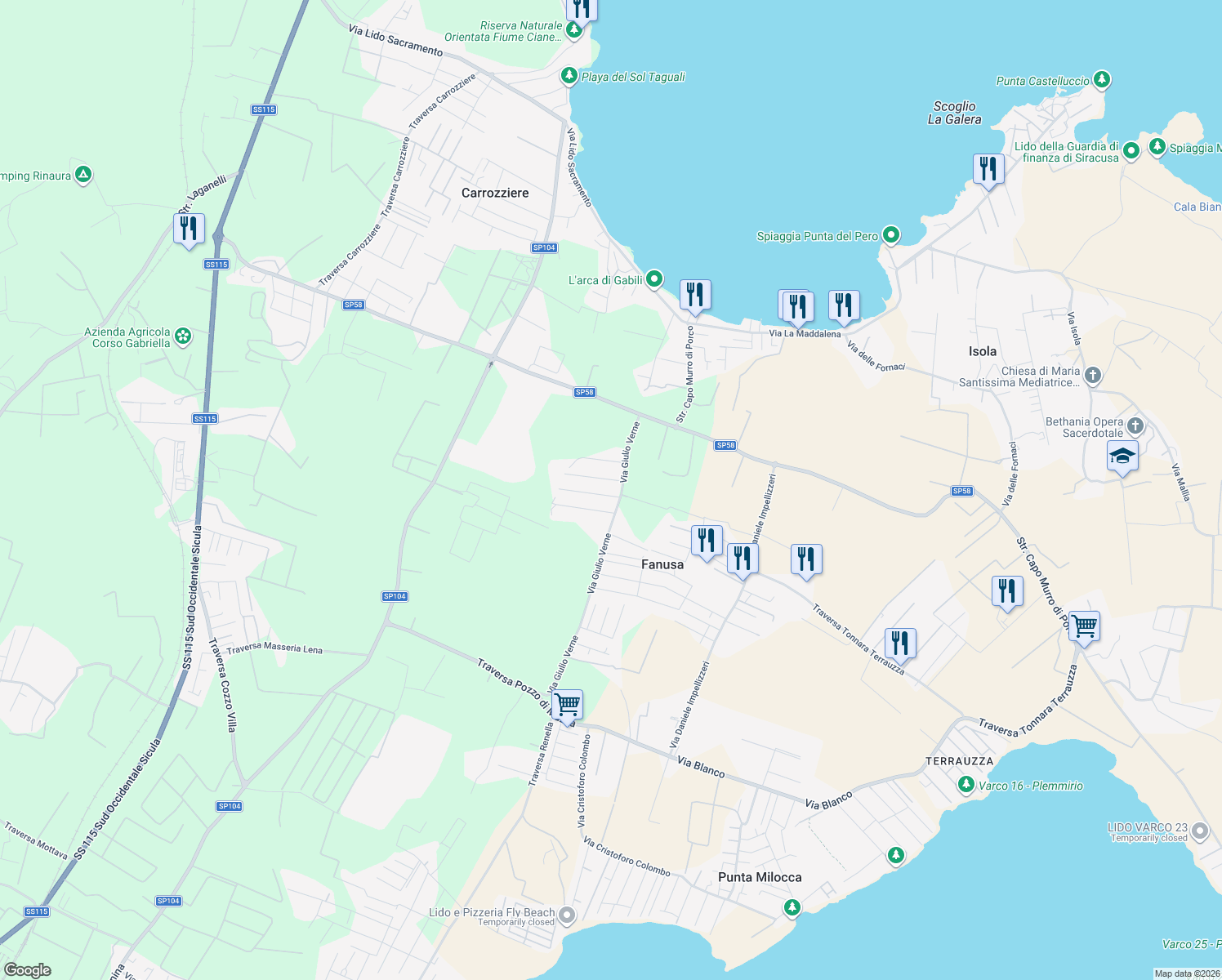 map of restaurants, bars, coffee shops, grocery stores, and more near 6 Via Filosseno in Fanusa