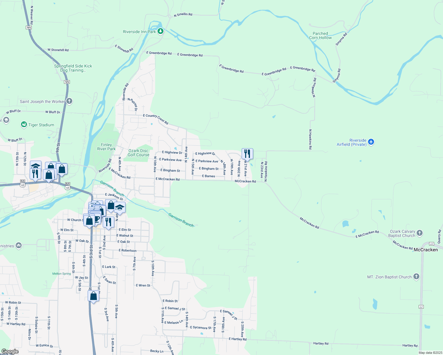 map of restaurants, bars, coffee shops, grocery stores, and more near 1710 East Barnes in Ozark