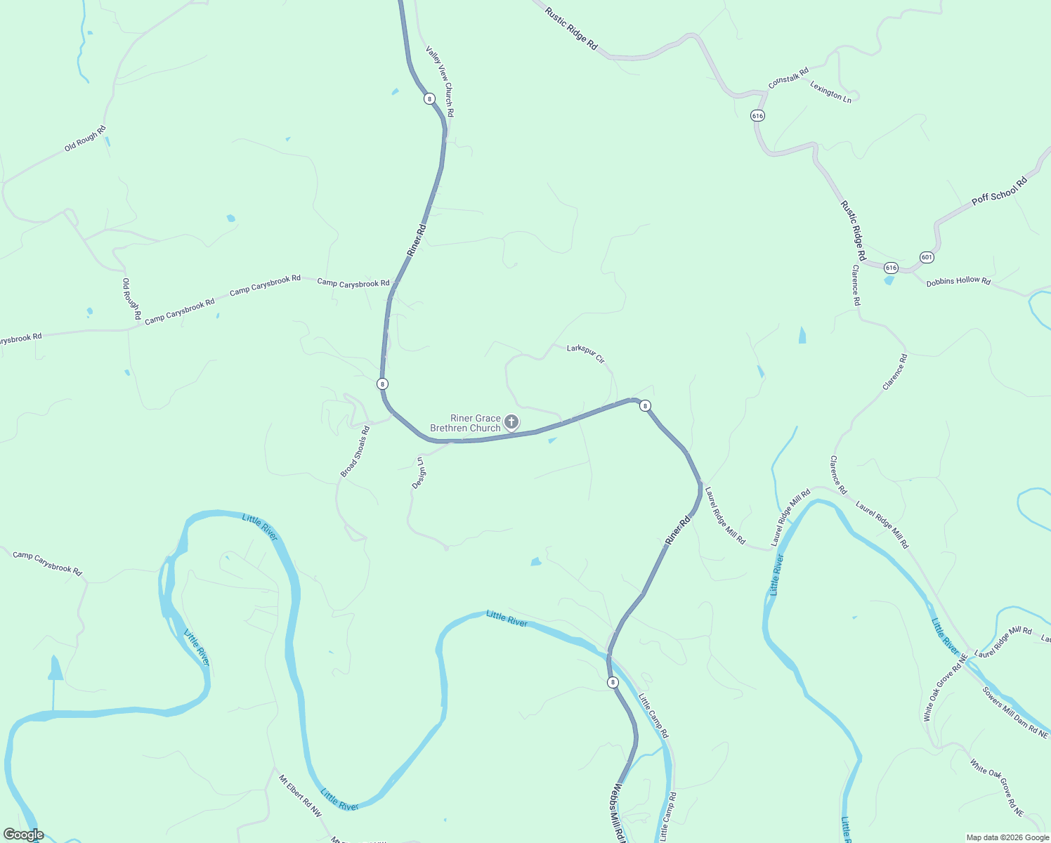 map of restaurants, bars, coffee shops, grocery stores, and more near 5780 Riner Road in Riner