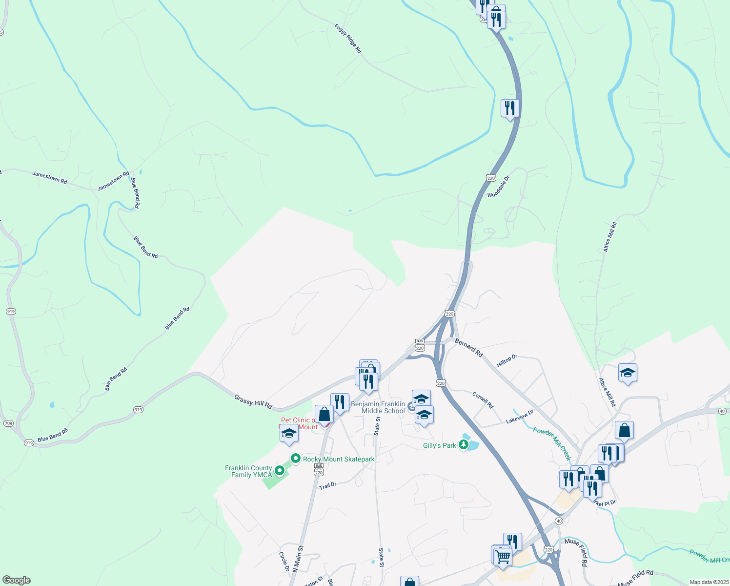 map of restaurants, bars, coffee shops, grocery stores, and more near 769 Summit Drive in Rocky Mount