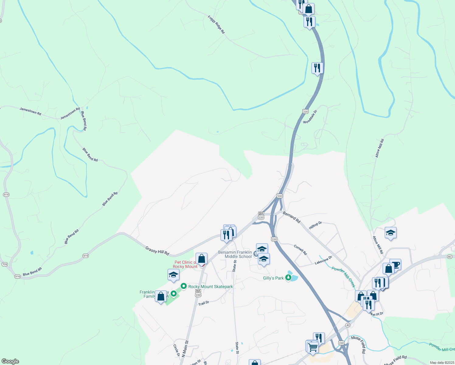map of restaurants, bars, coffee shops, grocery stores, and more near 769 Summit Drive in Rocky Mount