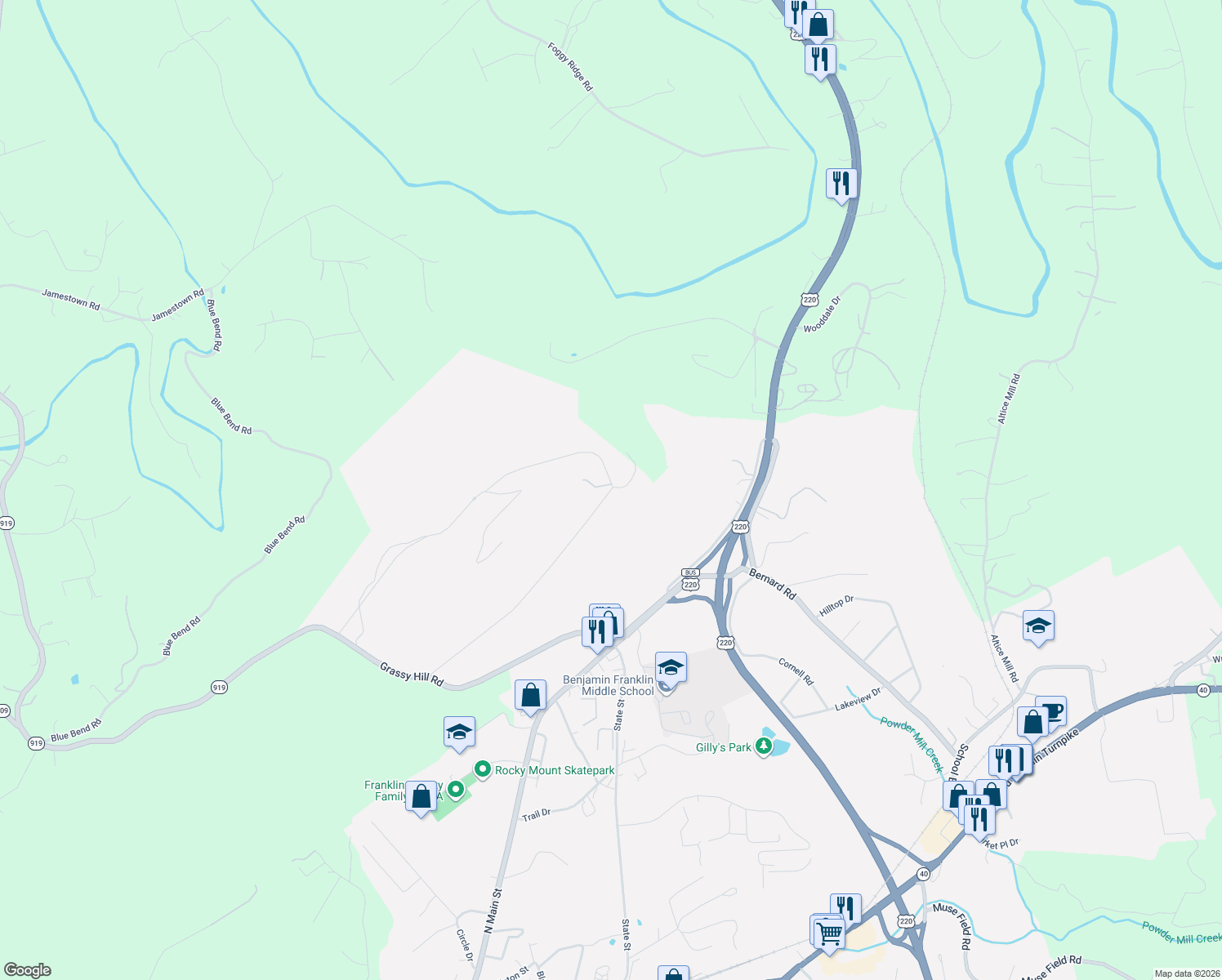 map of restaurants, bars, coffee shops, grocery stores, and more near 1-99 Summit Dr in Rocky Mt