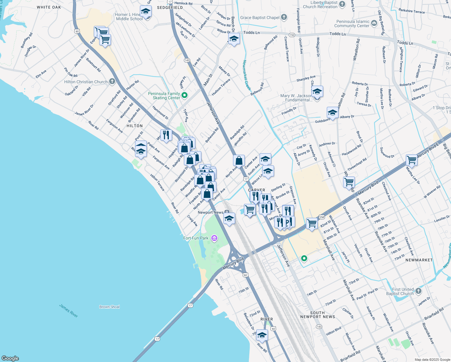 map of restaurants, bars, coffee shops, grocery stores, and more near 500 North Avenue in Newport News