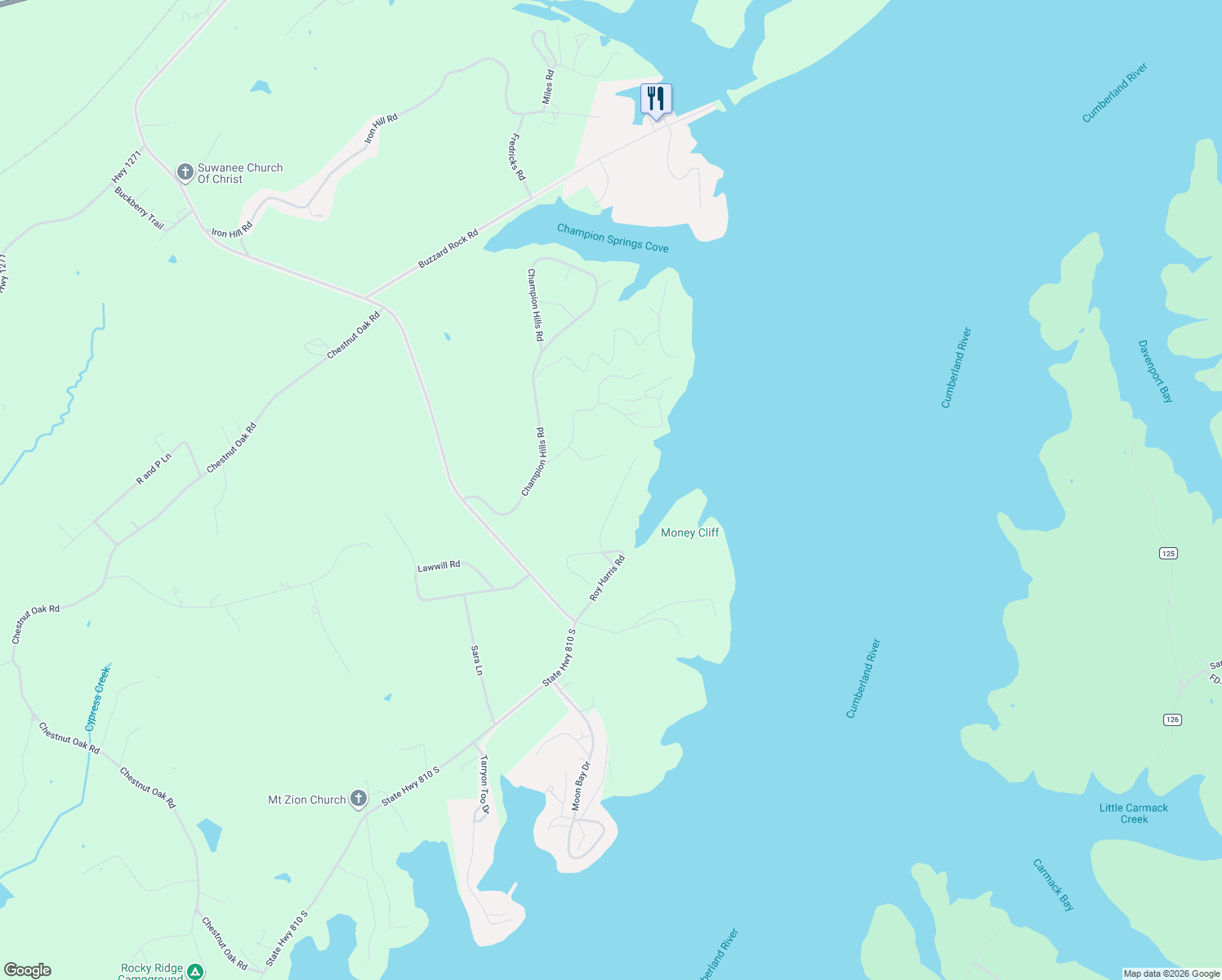 map of restaurants, bars, coffee shops, grocery stores, and more near 592 Roy Harris Road in Kuttawa