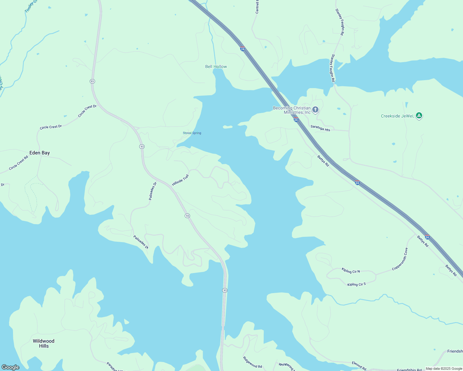 map of restaurants, bars, coffee shops, grocery stores, and more near 77 Hillside Trail in Eddyville