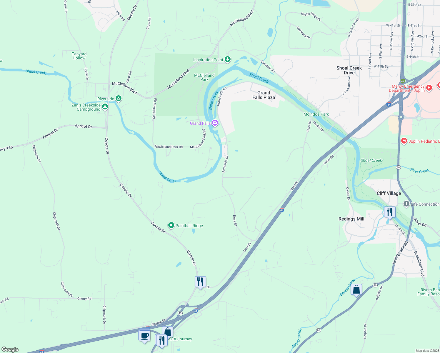 map of restaurants, bars, coffee shops, grocery stores, and more near 5512 Riverside Drive in Joplin