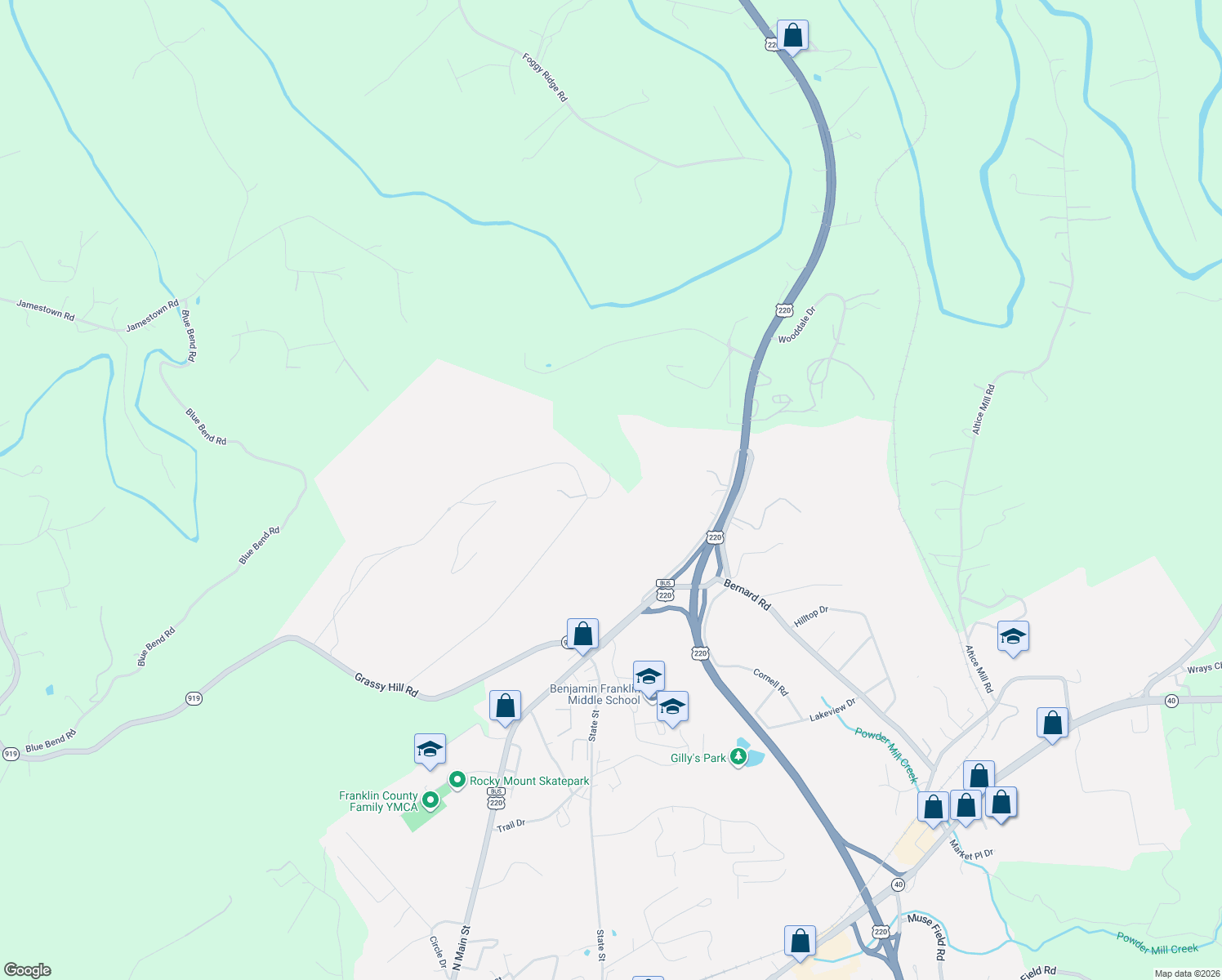 map of restaurants, bars, coffee shops, grocery stores, and more near Penny Lane in Rocky Mount