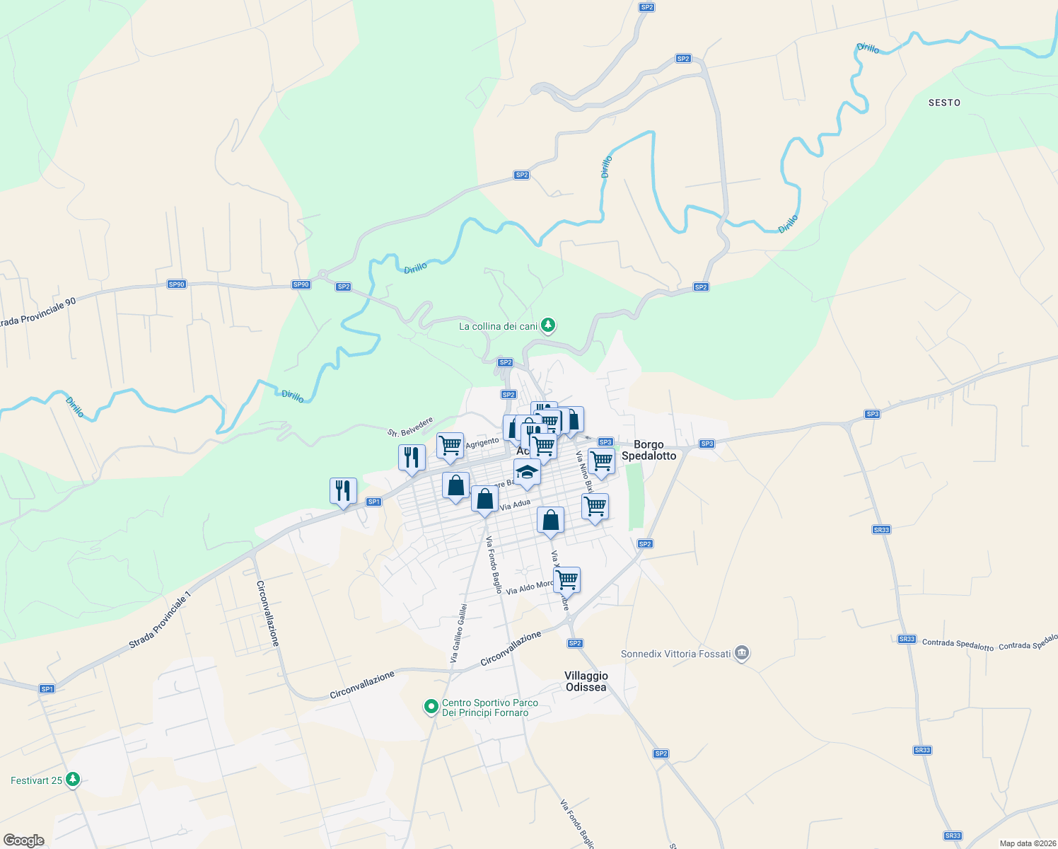 map of restaurants, bars, coffee shops, grocery stores, and more near 311 Via Roma in Acate