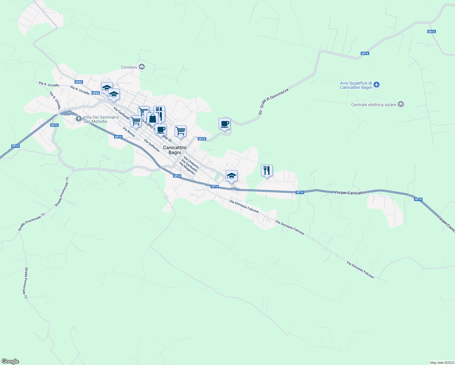 map of restaurants, bars, coffee shops, grocery stores, and more near 456 Via Vittorio Emanuele III in Canicattini Bagni