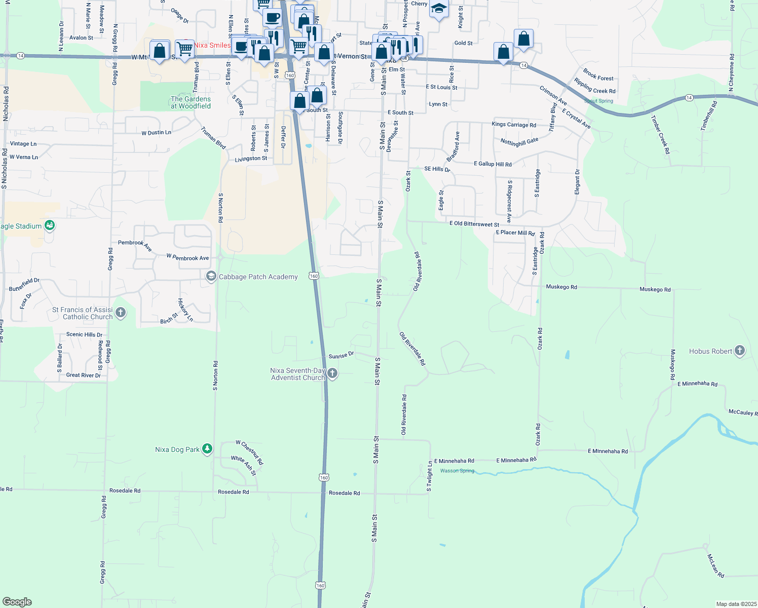 map of restaurants, bars, coffee shops, grocery stores, and more near 962 South Main Street in Nixa