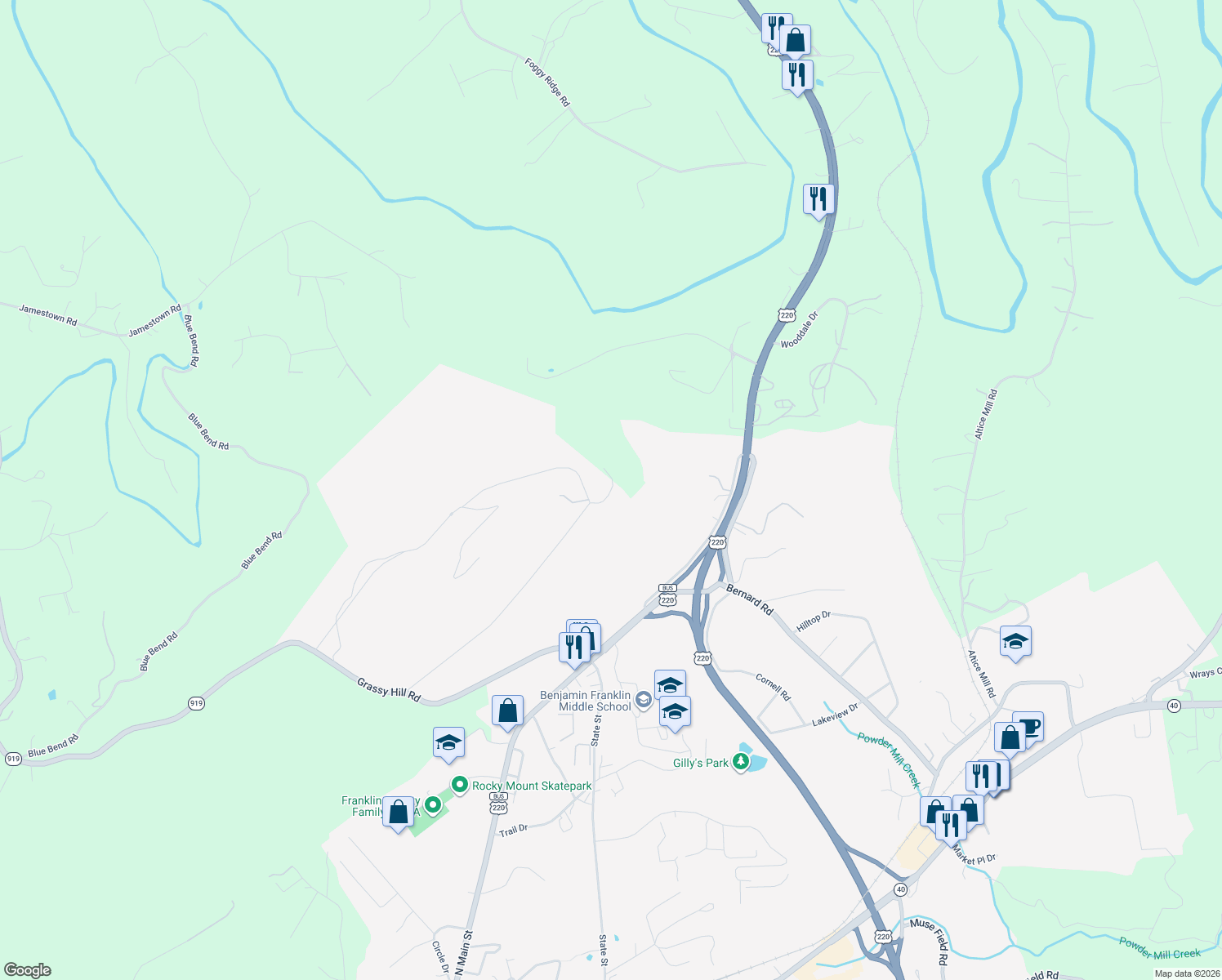 map of restaurants, bars, coffee shops, grocery stores, and more near Penny Lane in Rocky Mount