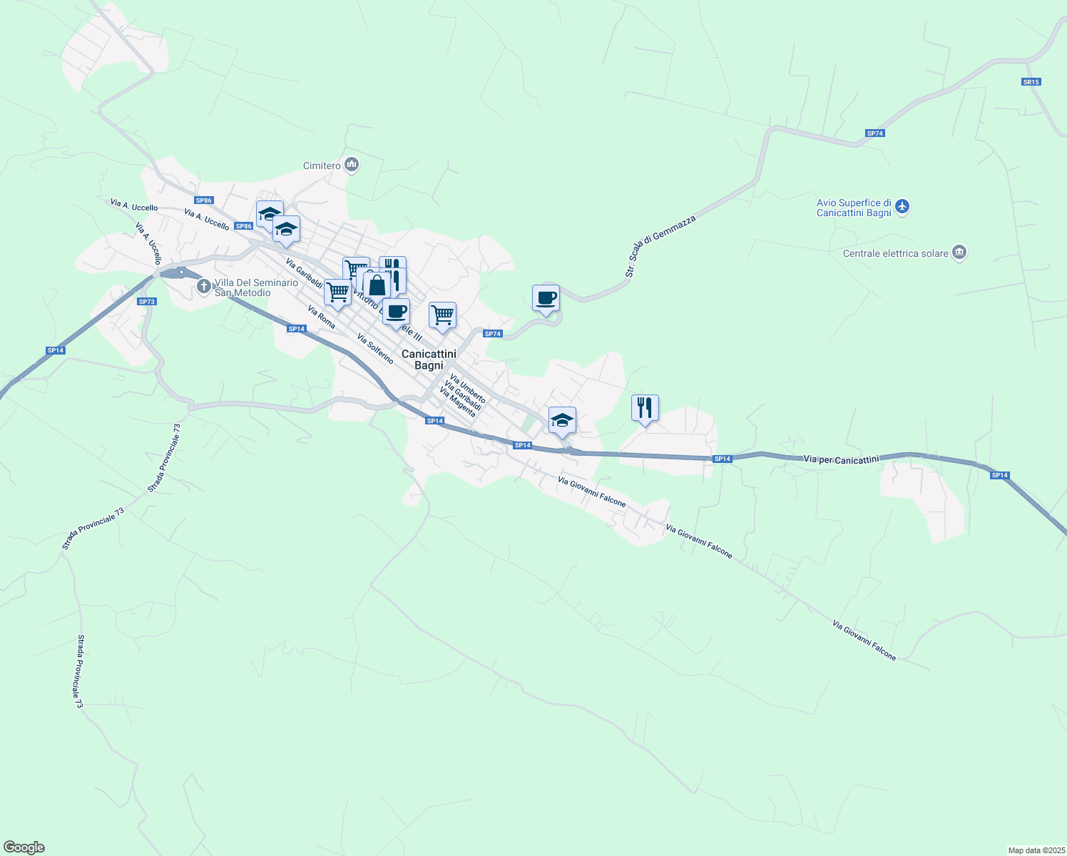 map of restaurants, bars, coffee shops, grocery stores, and more near 454-456 Via Vittorio Emanuele III in Canicattini Bagni