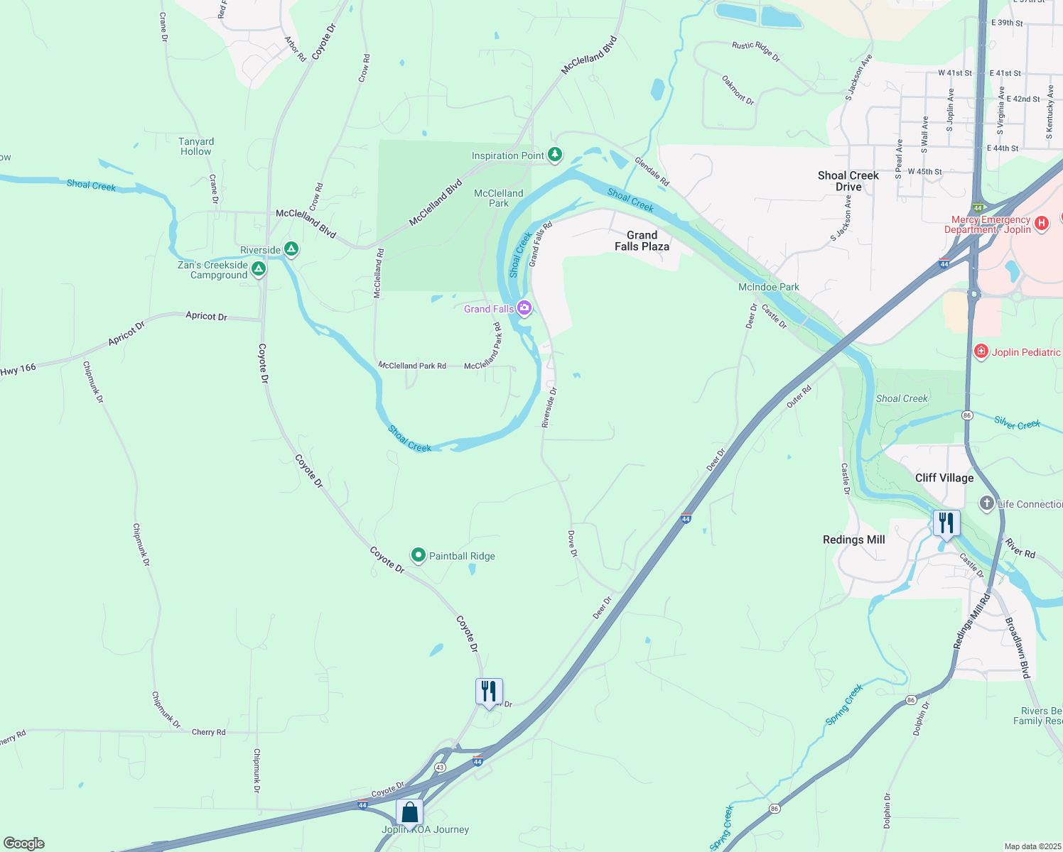 map of restaurants, bars, coffee shops, grocery stores, and more near 5512 Riverside Drive in Joplin