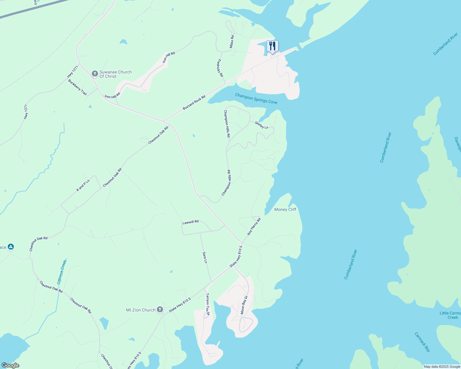 map of restaurants, bars, coffee shops, grocery stores, and more near 1044 Champion Hills Road in Kuttawa