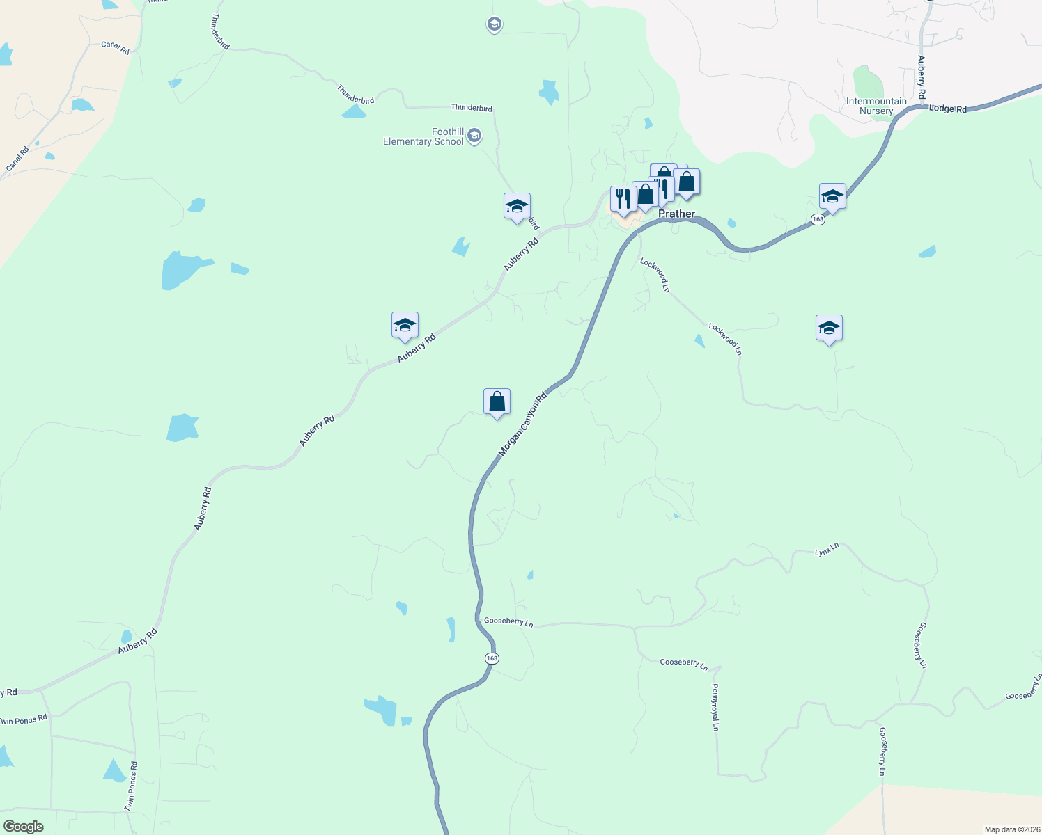 map of restaurants, bars, coffee shops, grocery stores, and more near 30107 Morgan Canyon Road in Prather