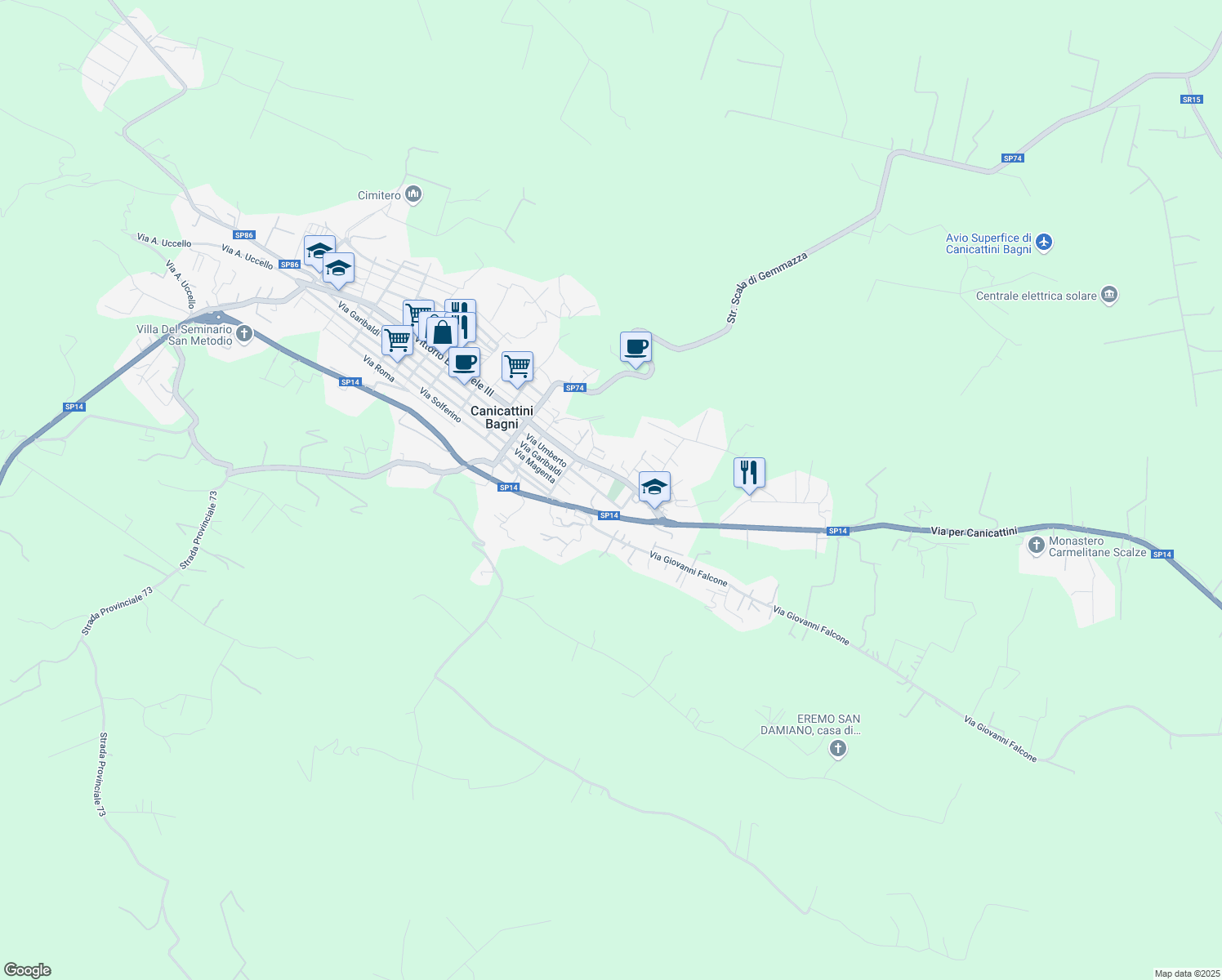map of restaurants, bars, coffee shops, grocery stores, and more near 400 Via Umberto in Canicattini Bagni